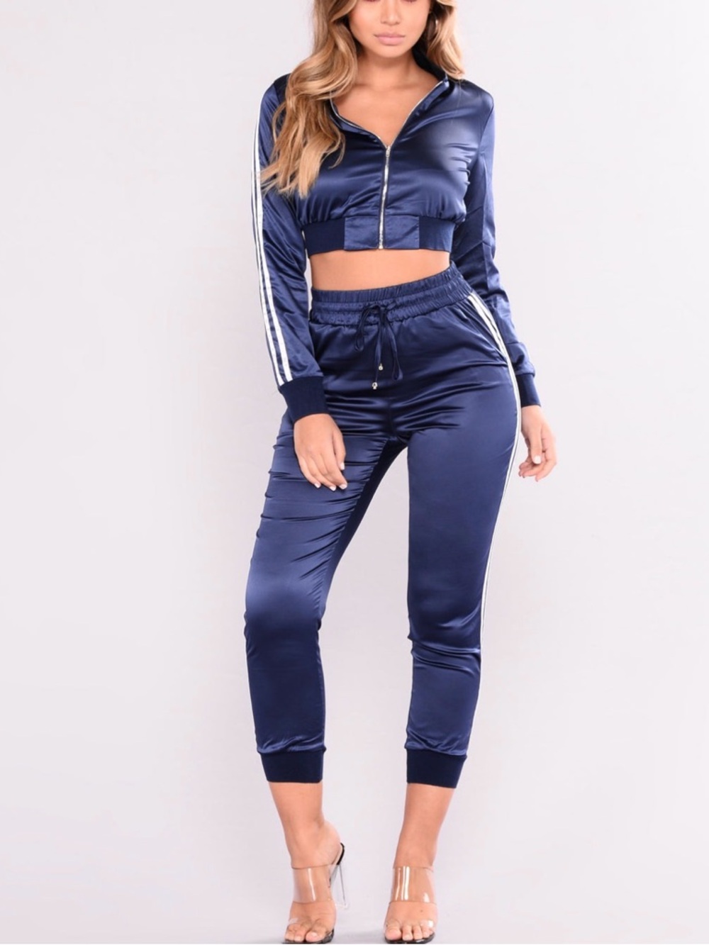 Fashion Nova Navy Satin Track Joggers with White Stripes